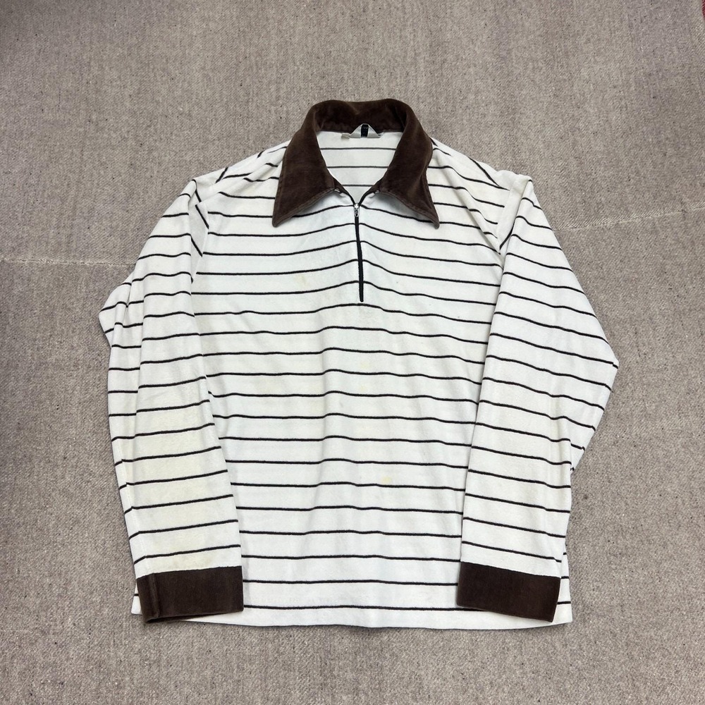 Vintage Fleece Polo Shirt Mens XL White 1970s 1/4 Zip Striped‎ Fletcher Canada